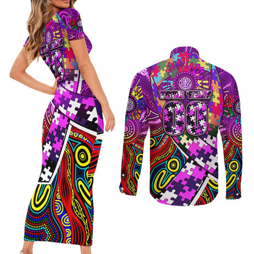 Autism Awareness Australia Fremantle Freo Couples Matching Short Sleeve Bodycon Dress and Long Sleeve Button Shirt Aboriginal Indigenous Art