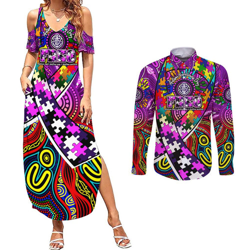 Autism Awareness Australia Fremantle Freo Couples Matching Summer Maxi Dress and Long Sleeve Button Shirt Aboriginal Indigenous Art