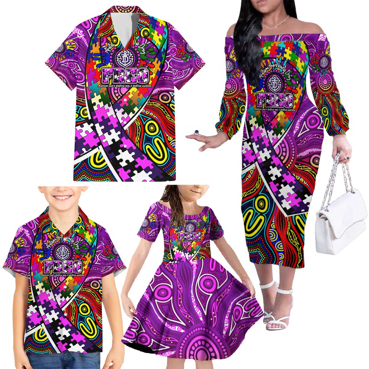 Autism Awareness Australia Fremantle Freo Family Matching Off The Shoulder Long Sleeve Dress and Hawaiian Shirt Aboriginal Indigenous Art