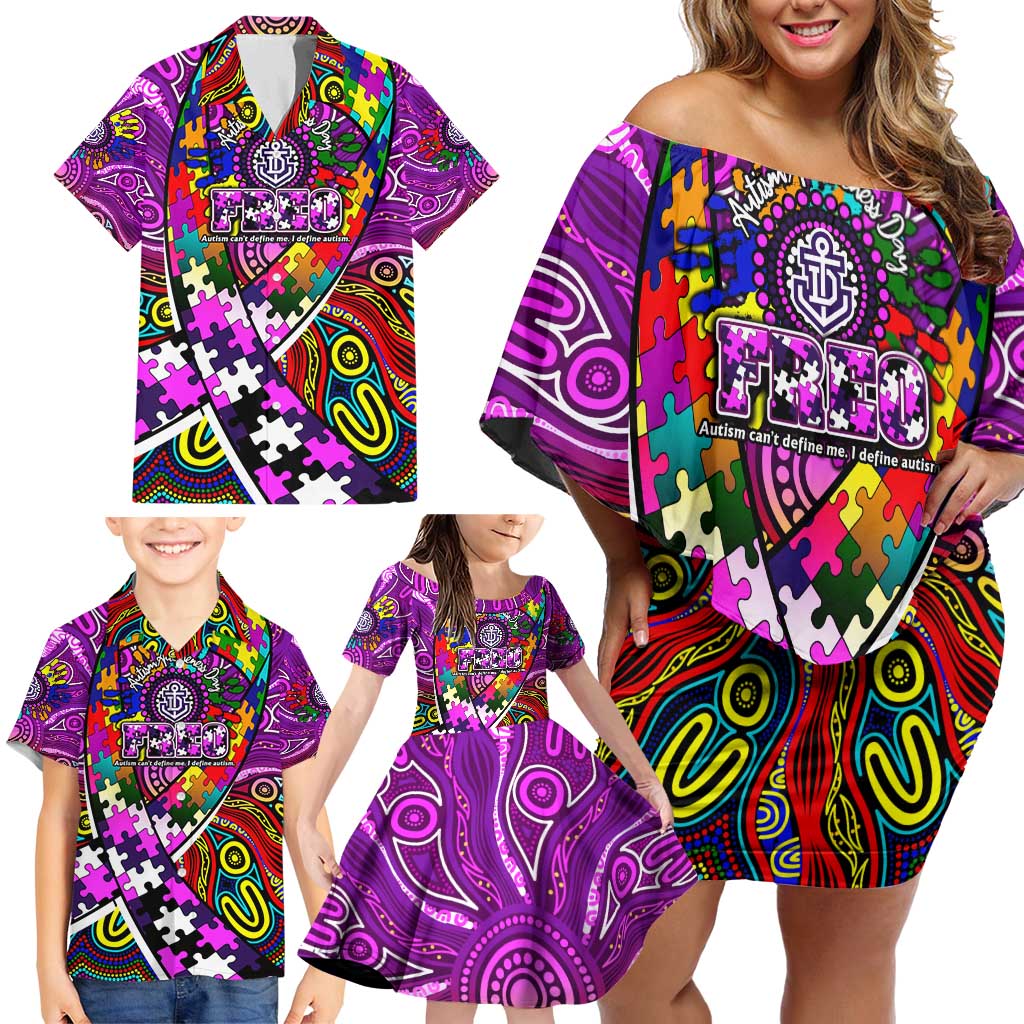 Autism Awareness Australia Fremantle Freo Family Matching Off Shoulder Short Dress and Hawaiian Shirt Aboriginal Indigenous Art