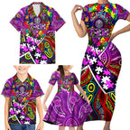 Autism Awareness Australia Fremantle Freo Family Matching Short Sleeve Bodycon Dress and Hawaiian Shirt Aboriginal Indigenous Art