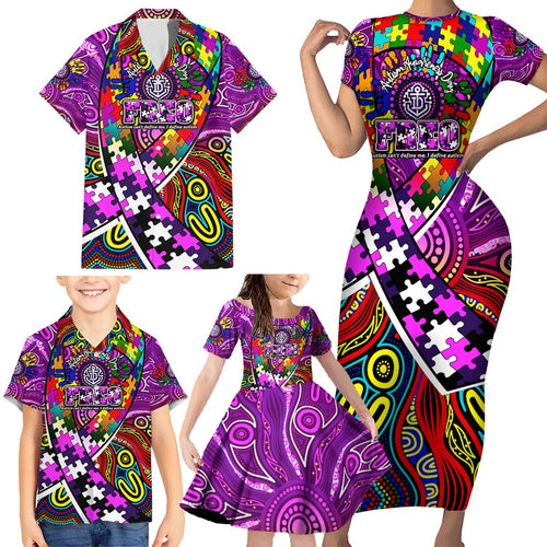 Autism Awareness Australia Fremantle Freo Family Matching Short Sleeve Bodycon Dress and Hawaiian Shirt Aboriginal Indigenous Art