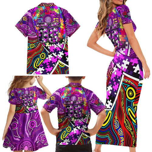 Autism Awareness Australia Fremantle Freo Family Matching Short Sleeve Bodycon Dress and Hawaiian Shirt Aboriginal Indigenous Art