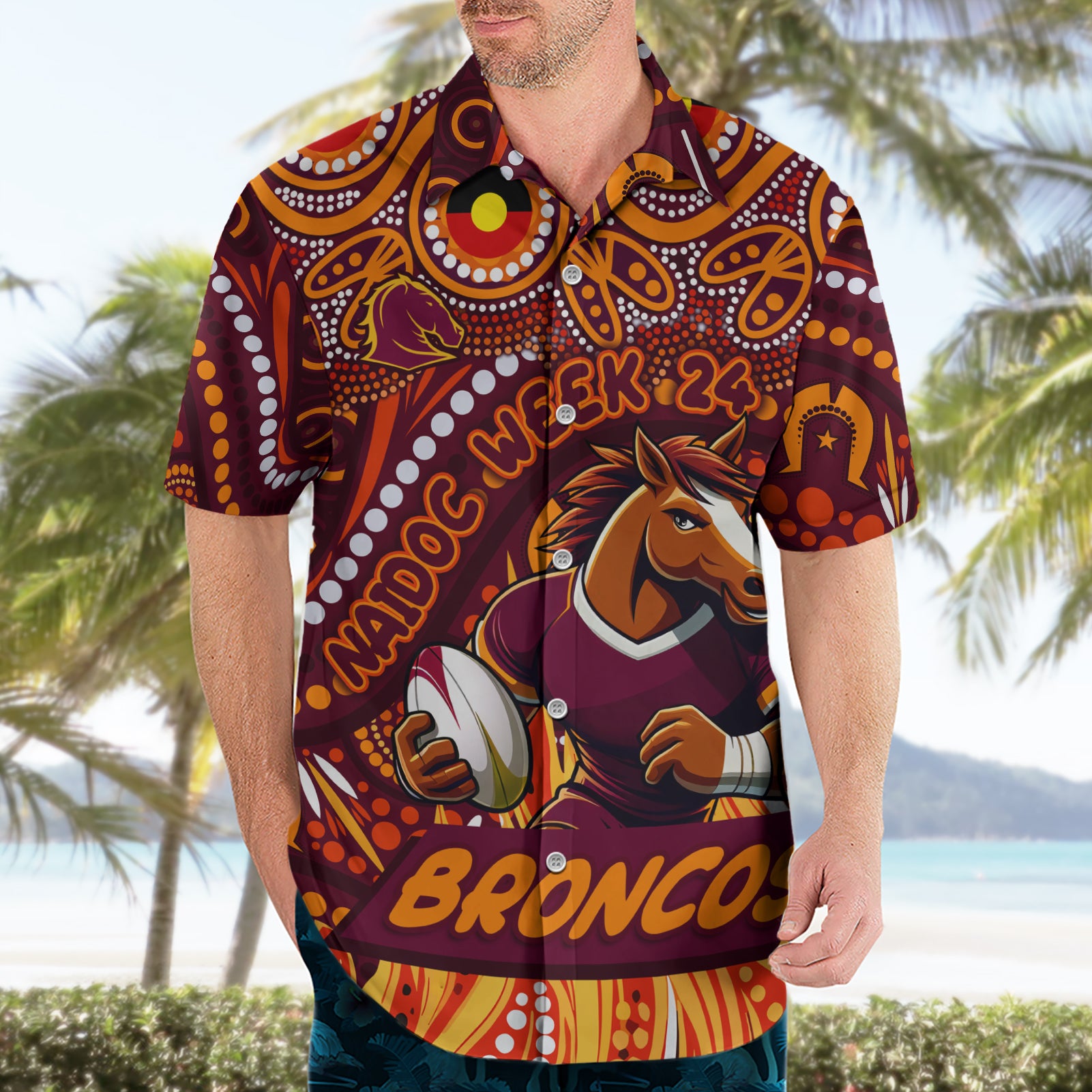 Custom Australia NAIDOC Week 2024 Hawaiian Shirt Brisbane Broncos Mascot Keep The Fire Burning