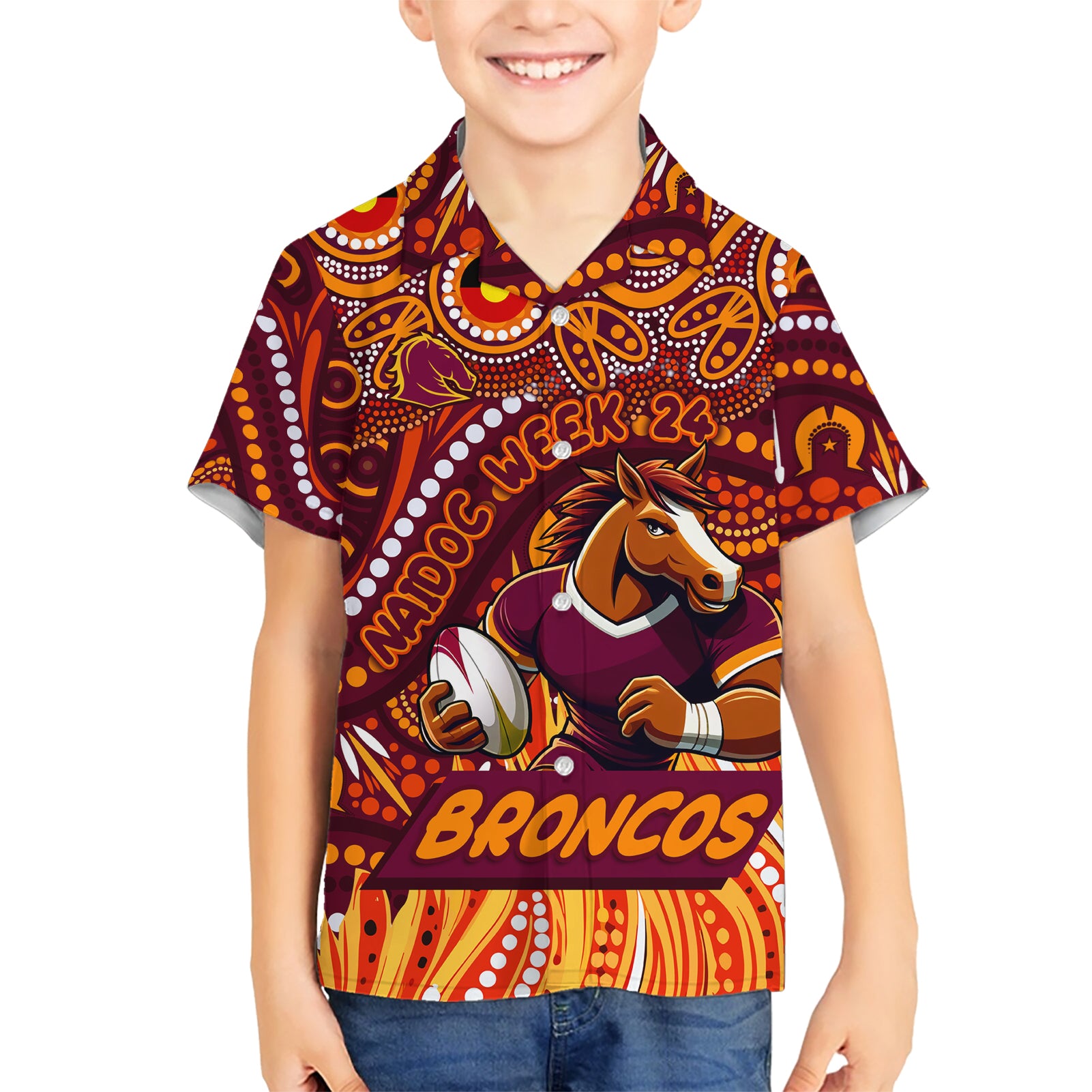 Custom Australia NAIDOC Week 2024 Kid Hawaiian Shirt Brisbane Broncos Mascot Keep The Fire Burning
