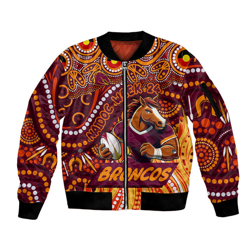 Custom Australia NAIDOC Week 2024 Sleeve Zip Bomber Jacket Brisbane Broncos Mascot Keep The Fire Burning