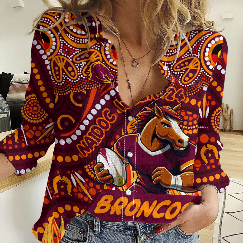 Custom Australia NAIDOC Week 2024 Women Casual Shirt Brisbane Broncos Mascot Keep The Fire Burning