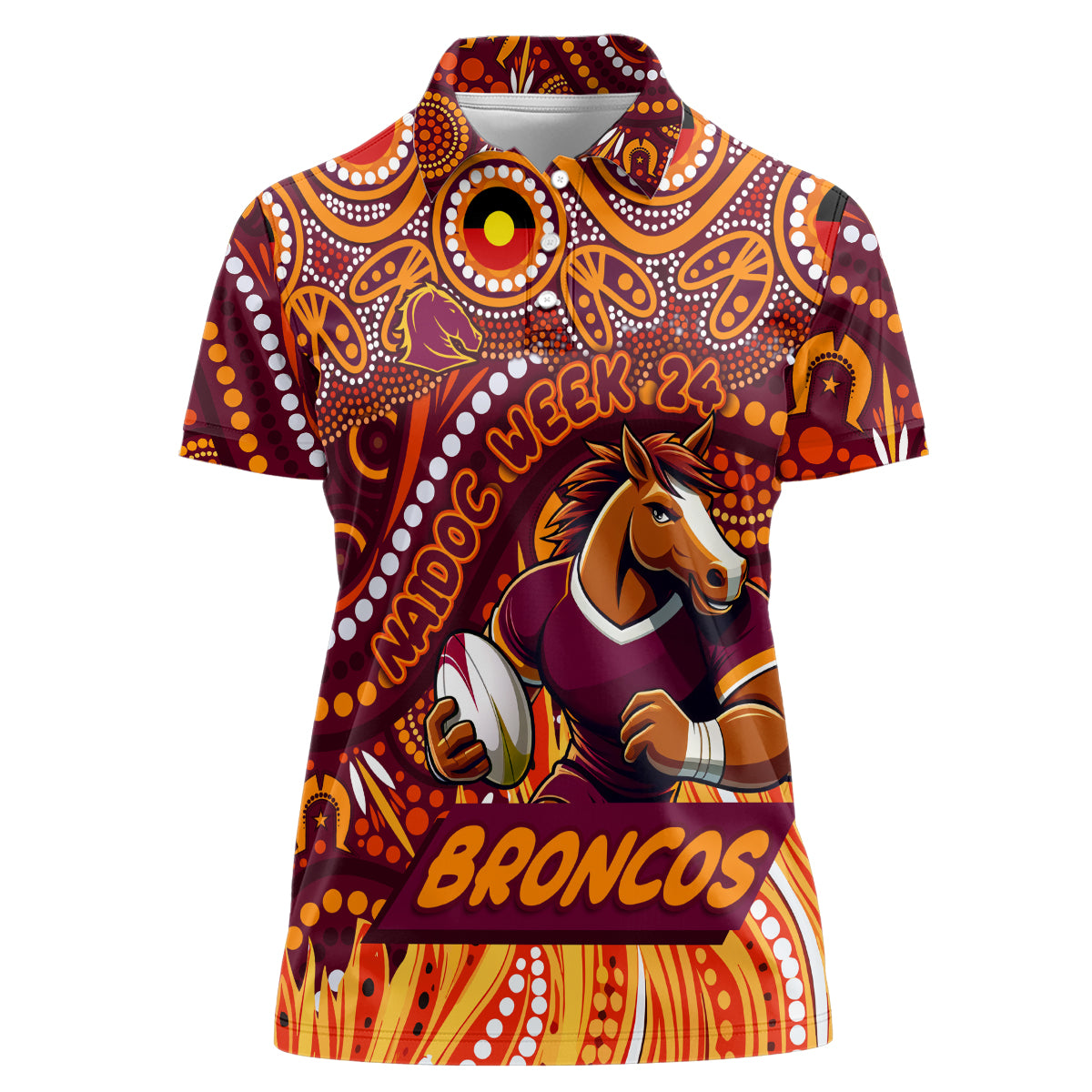 Custom Australia NAIDOC Week 2024 Women Polo Shirt Brisbane Broncos Mascot Keep The Fire Burning