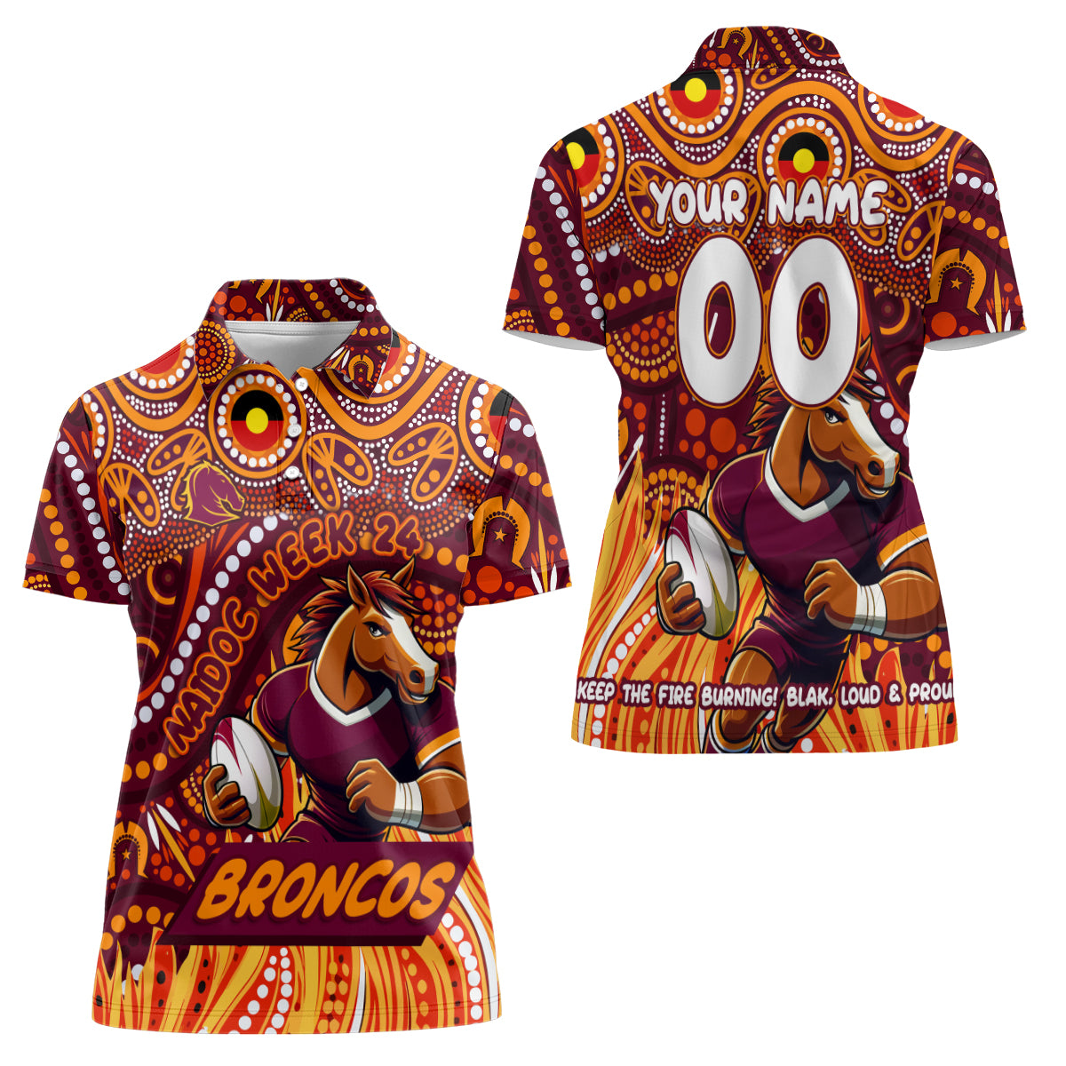 Custom Australia NAIDOC Week 2024 Women Polo Shirt Brisbane Broncos Mascot Keep The Fire Burning