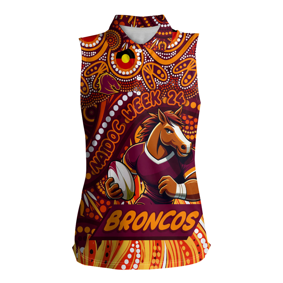 Custom Australia NAIDOC Week 2024 Women Sleeveless Polo Shirt Brisbane Broncos Mascot Keep The Fire Burning