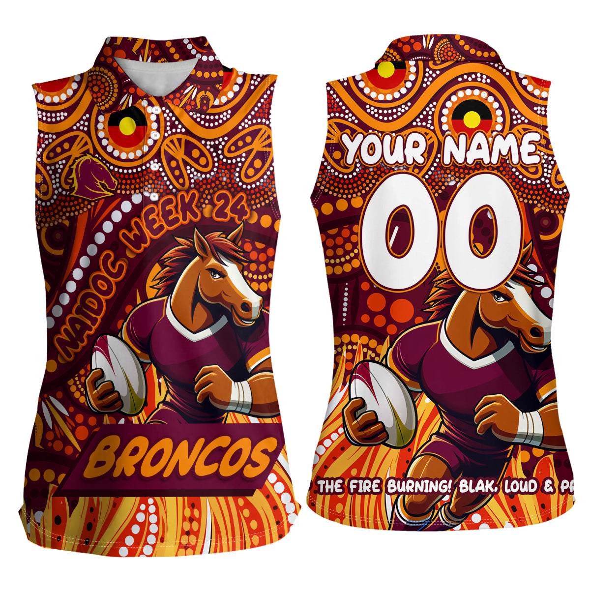 Custom Australia NAIDOC Week 2024 Women Sleeveless Polo Shirt Brisbane Broncos Mascot Keep The Fire Burning