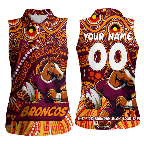 Custom Australia NAIDOC Week 2024 Women Sleeveless Polo Shirt Brisbane Broncos Mascot Keep The Fire Burning