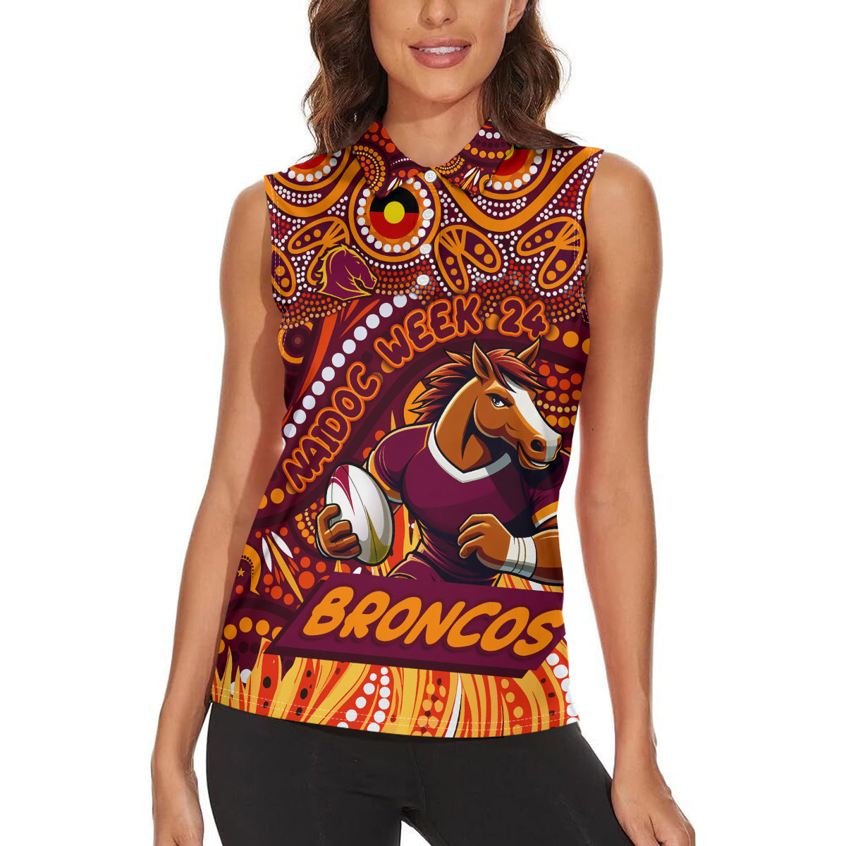 Custom Australia NAIDOC Week 2024 Women Sleeveless Polo Shirt Brisbane Broncos Mascot Keep The Fire Burning