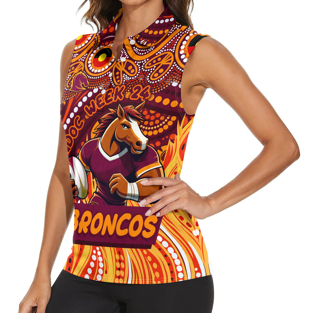 Custom Australia NAIDOC Week 2024 Women Sleeveless Polo Shirt Brisbane Broncos Mascot Keep The Fire Burning