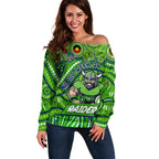 Custom Australia NAIDOC Week 2024 Off Shoulder Sweater Canberra Raiders Mascot Keep The Fire Burning