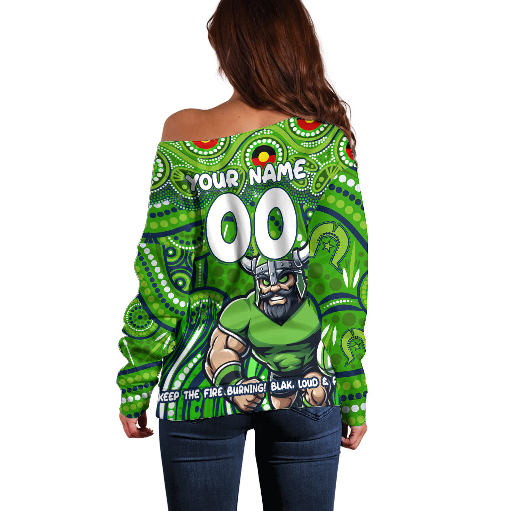Custom Australia NAIDOC Week 2024 Off Shoulder Sweater Canberra Raiders Mascot Keep The Fire Burning