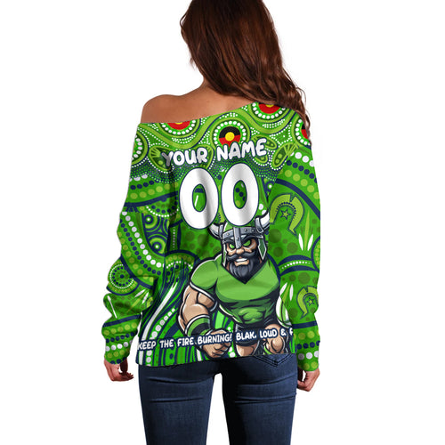 Custom Australia NAIDOC Week 2024 Off Shoulder Sweater Canberra Raiders Mascot Keep The Fire Burning