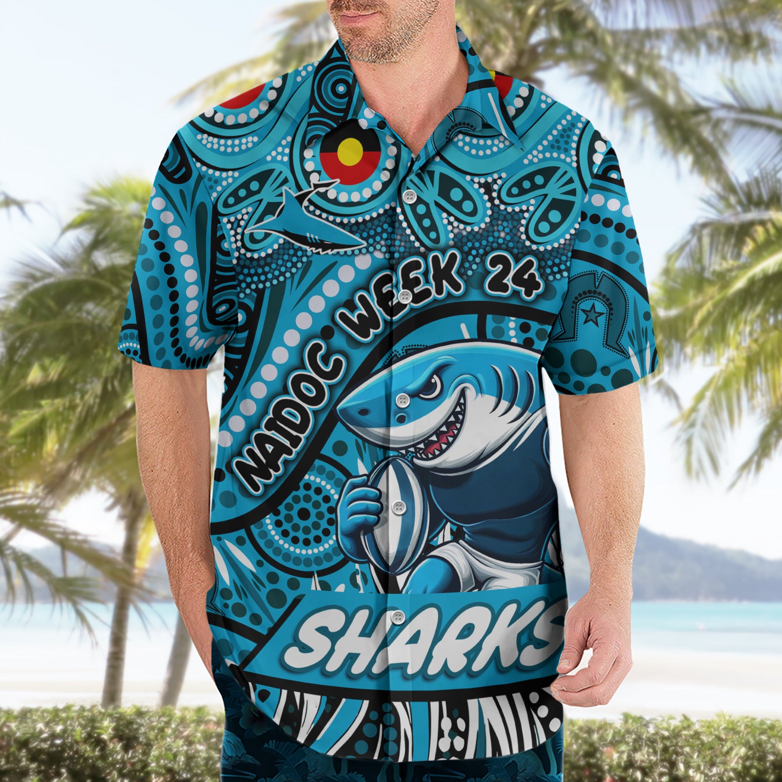 Custom Australia NAIDOC Week 2024 Hawaiian Shirt Sharks Mascot Keep The Fire Burning