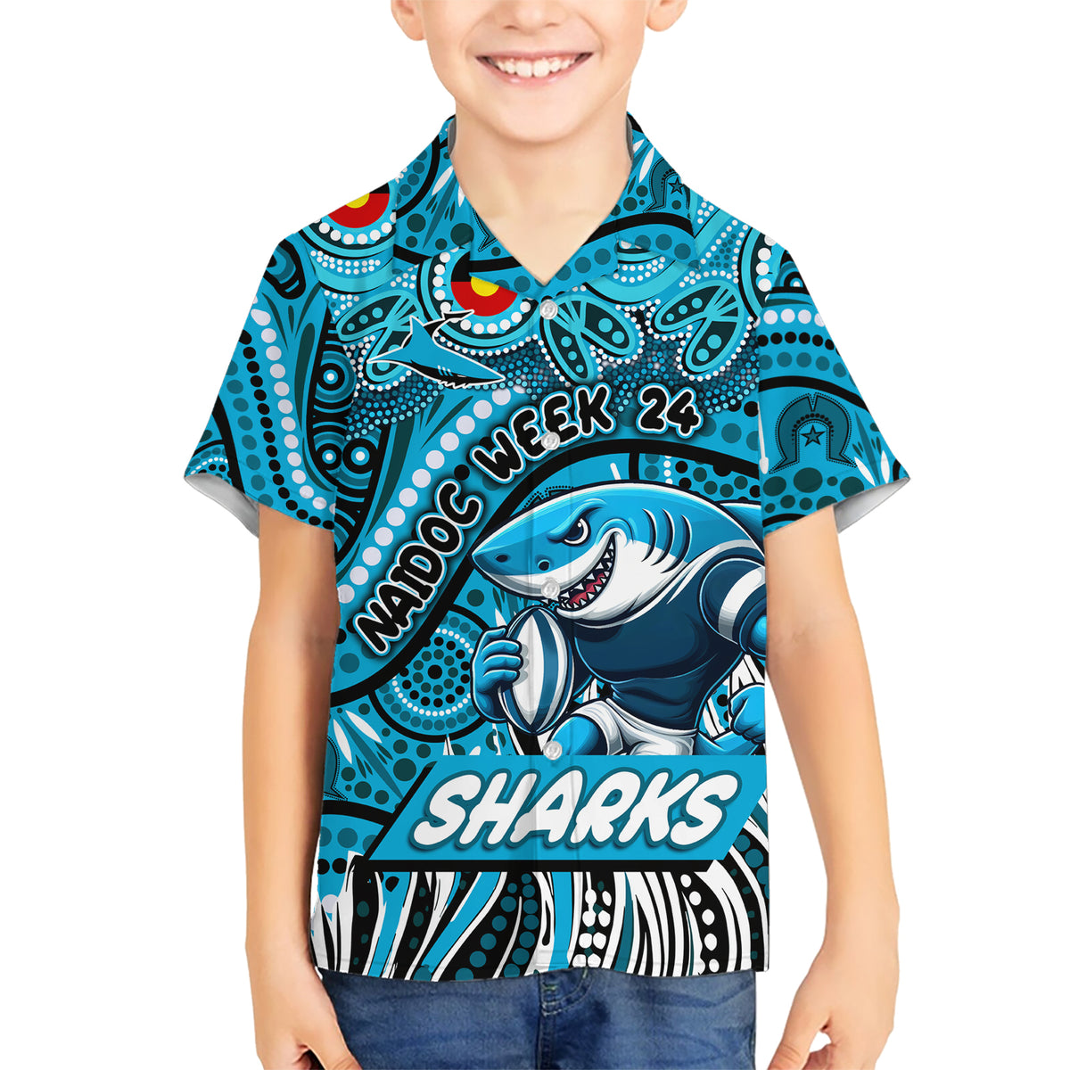 Custom Australia NAIDOC Week 2024 Kid Hawaiian Shirt Sharks Mascot Keep The Fire Burning