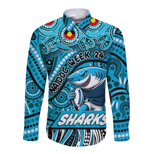 Custom Australia NAIDOC Week 2024 Long Sleeve Button Shirt Sharks Mascot Keep The Fire Burning
