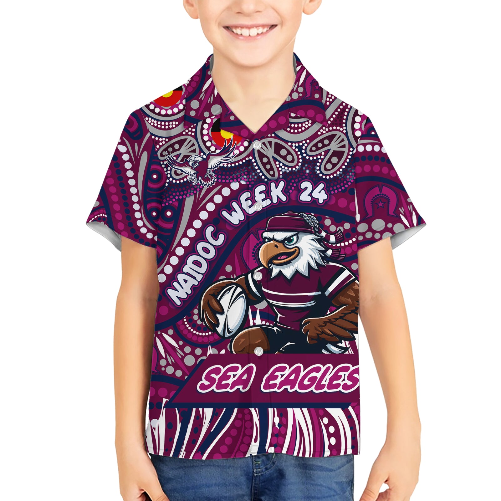 Custom Australia NAIDOC Week 2024 Kid Hawaiian Shirt Sea Eagles Mascot Keep The Fire Burning