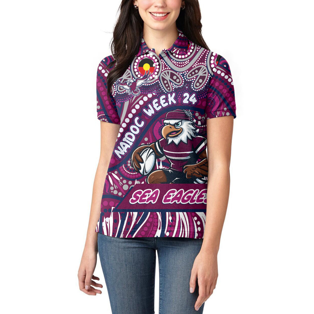 Custom Australia NAIDOC Week 2024 Women Polo Shirt Sea Eagles Mascot Keep The Fire Burning