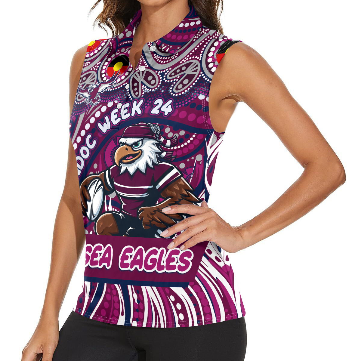 Custom Australia NAIDOC Week 2024 Women Sleeveless Polo Shirt Sea Eagles Mascot Keep The Fire Burning