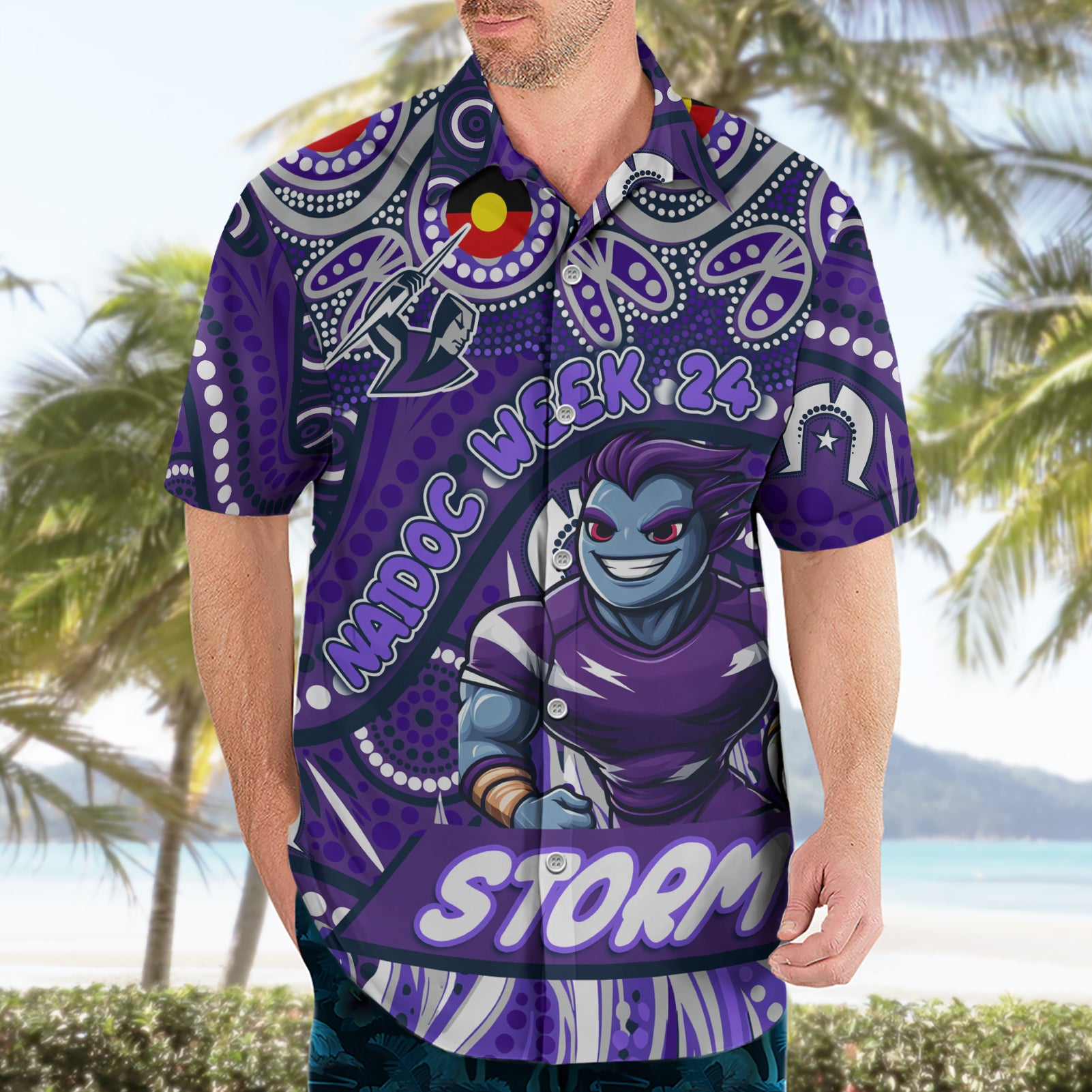 Custom Australia NAIDOC Week 2024 Hawaiian Shirt Melbourne Storm Mascot Keep The Fire Burning