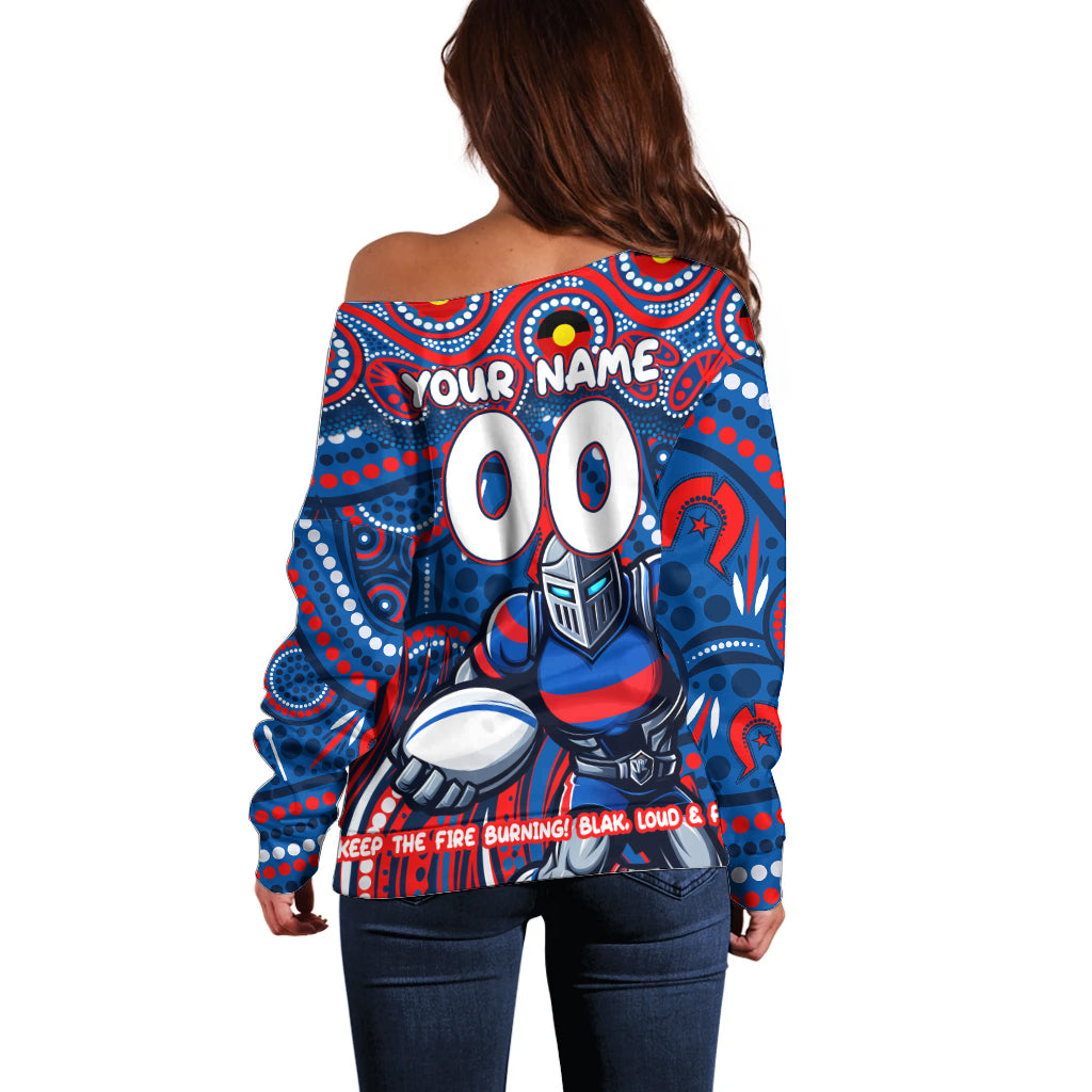 Custom Australia NAIDOC Week 2024 Off Shoulder Sweater Newcastle Knights Mascot Keep The Fire Burning