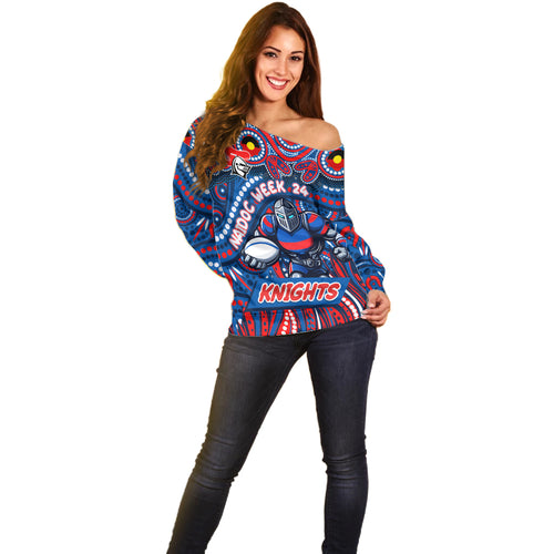Custom Australia NAIDOC Week 2024 Off Shoulder Sweater Newcastle Knights Mascot Keep The Fire Burning