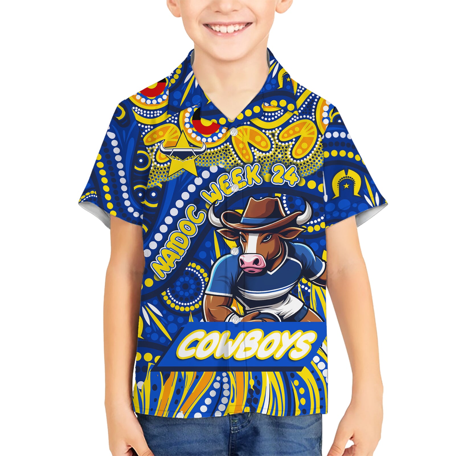 Custom Australia NAIDOC Week 2024 Kid Hawaiian Shirt Cowboys Mascot Keep The Fire Burning