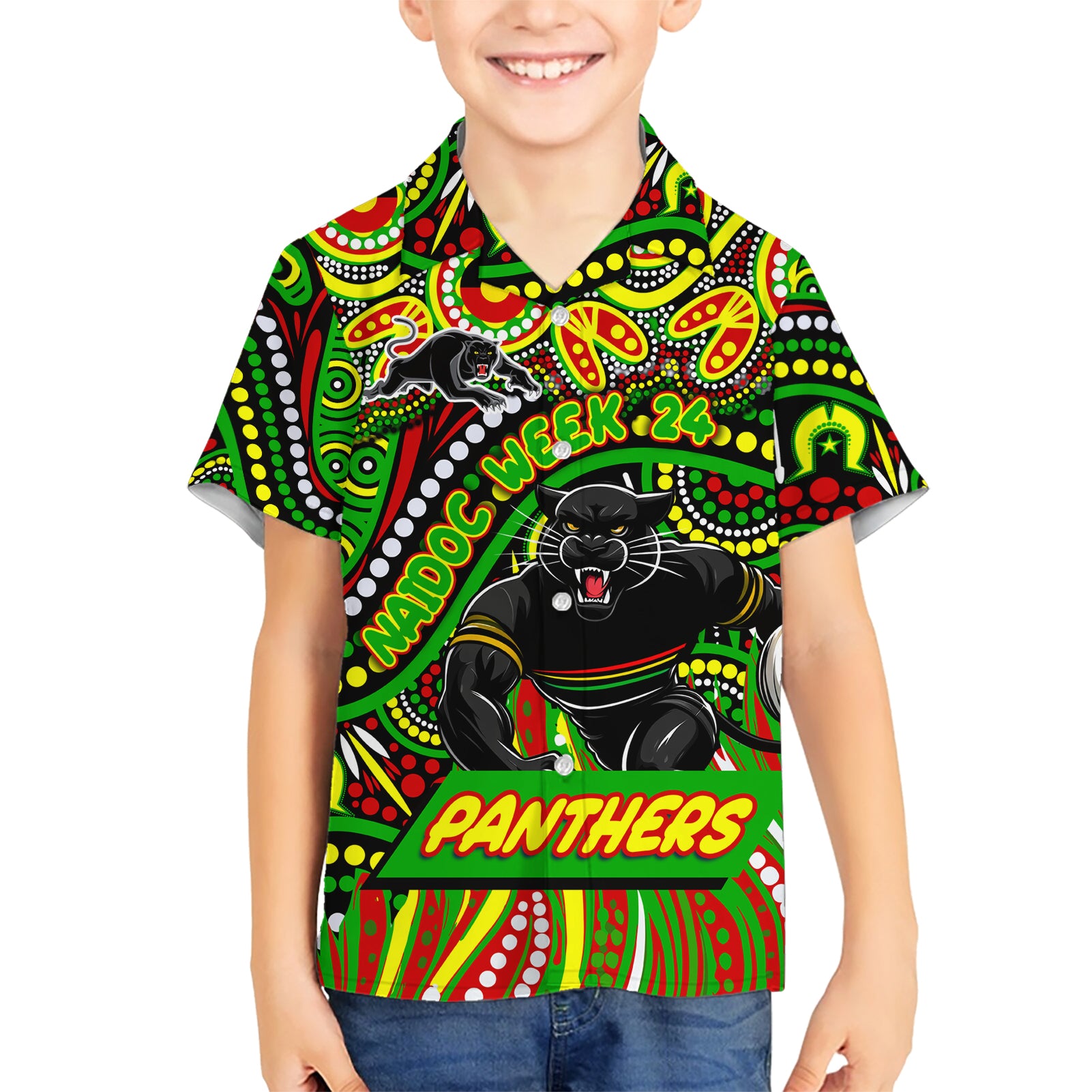 Custom Australia NAIDOC Week 2024 Kid Hawaiian Shirt Penrith Panthers Mascot Keep The Fire Burning