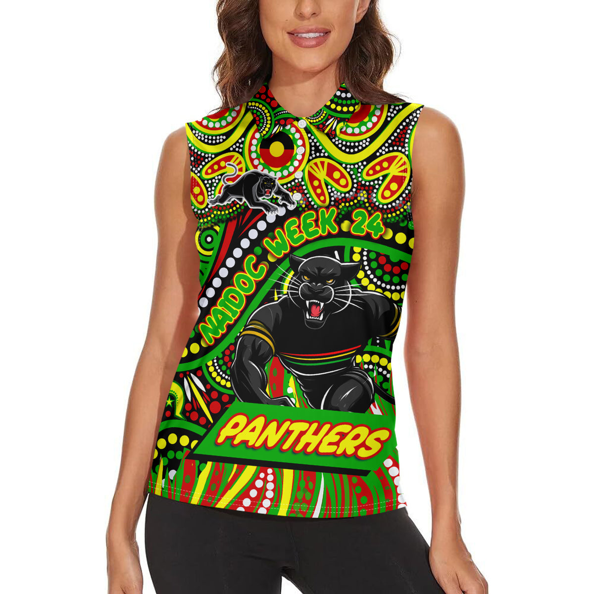 Custom Australia NAIDOC Week 2024 Women Sleeveless Polo Shirt Penrith Panthers Mascot Keep The Fire Burning