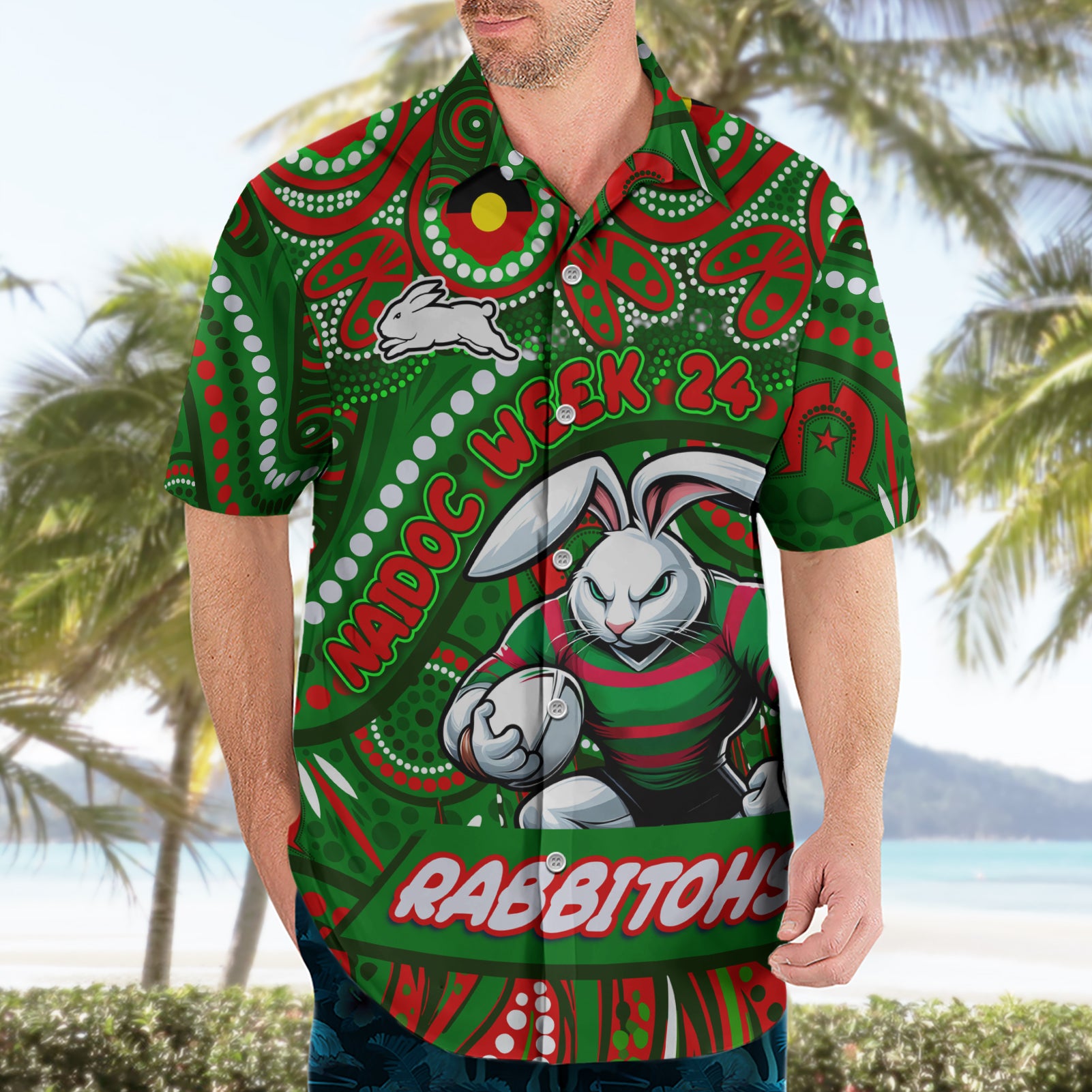 Custom Australia NAIDOC Week 2024 Hawaiian Shirt Rabbitohs Mascot Keep The Fire Burning
