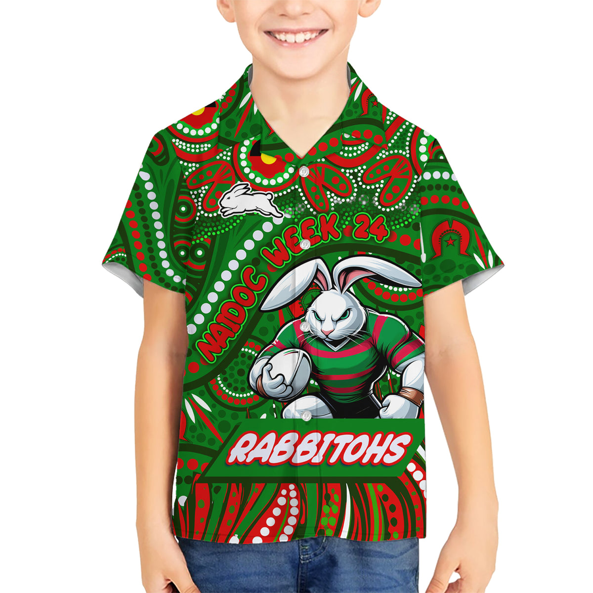 Custom Australia NAIDOC Week 2024 Kid Hawaiian Shirt Rabbitohs Mascot Keep The Fire Burning
