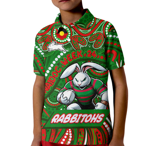Custom Australia NAIDOC Week 2024 Kid Polo Shirt Rabbitohs Mascot Keep The Fire Burning