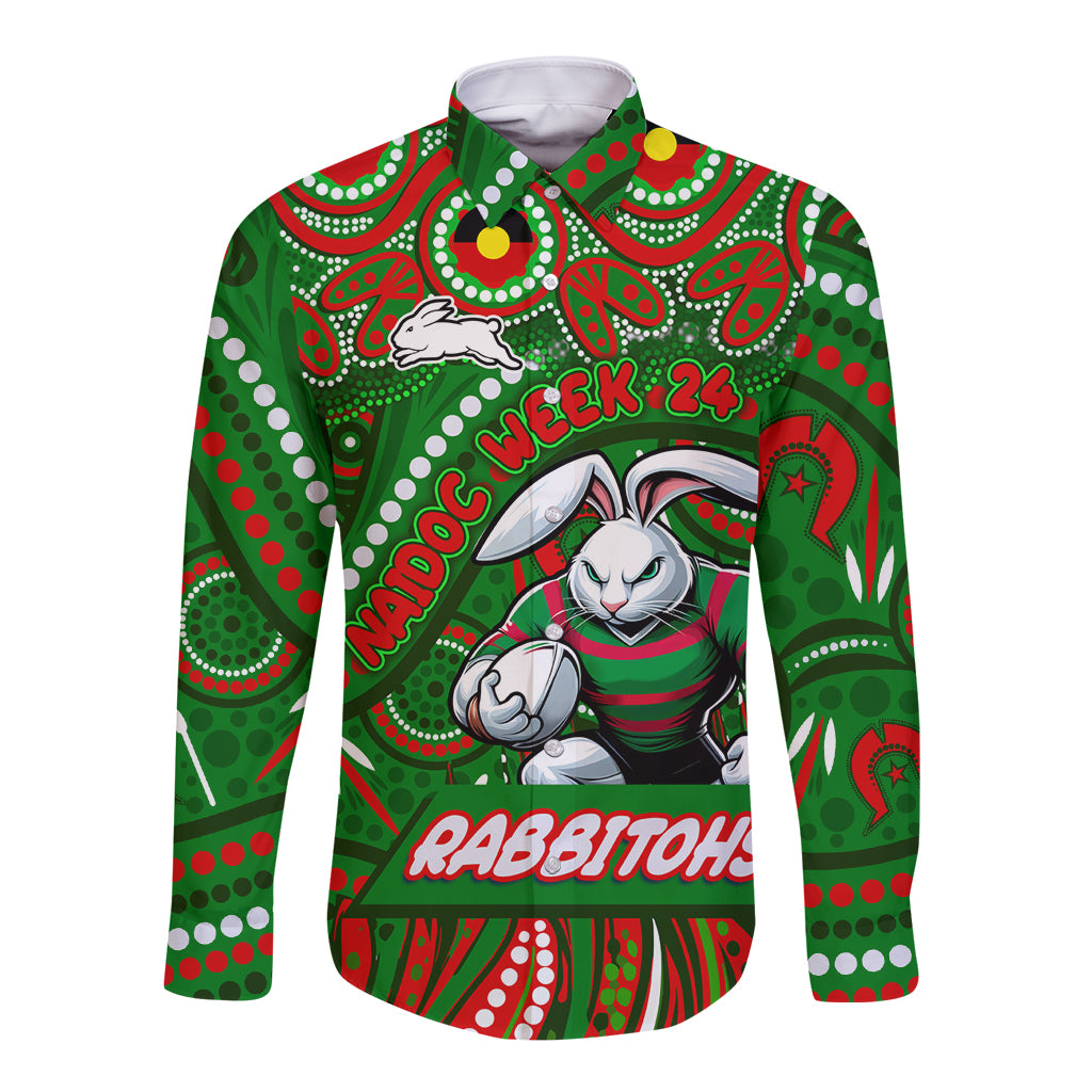 Custom Australia NAIDOC Week 2024 Long Sleeve Button Shirt Rabbitohs Mascot Keep The Fire Burning
