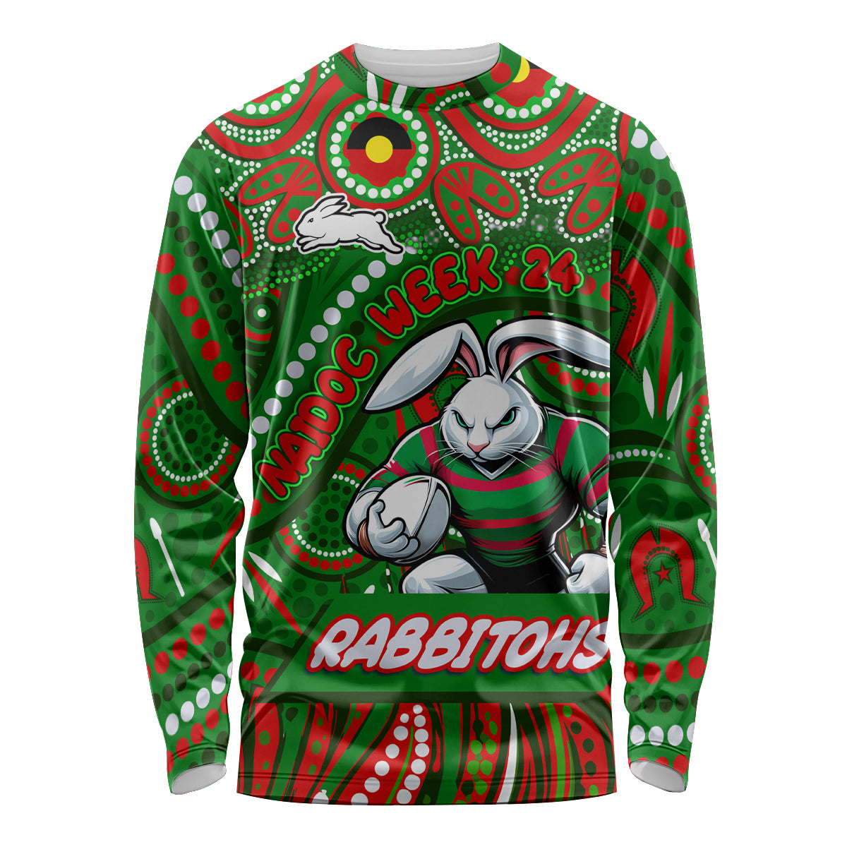 Custom Australia NAIDOC Week 2024 Long Sleeve Shirt Rabbitohs Mascot Keep The Fire Burning