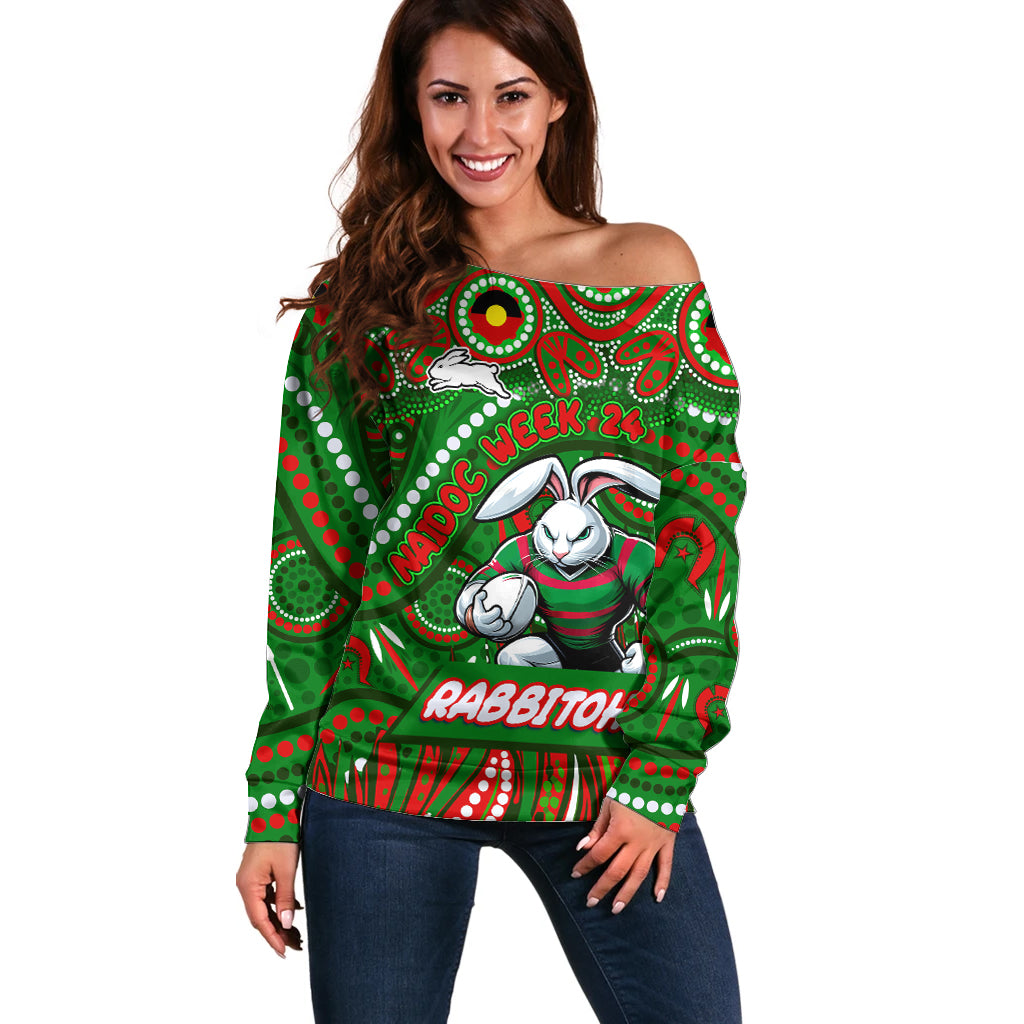 Custom Australia NAIDOC Week 2024 Off Shoulder Sweater Rabbitohs Mascot Keep The Fire Burning