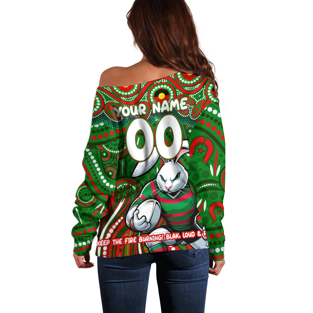 Custom Australia NAIDOC Week 2024 Off Shoulder Sweater Rabbitohs Mascot Keep The Fire Burning