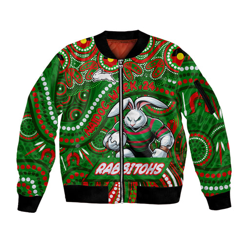 Custom Australia NAIDOC Week 2024 Sleeve Zip Bomber Jacket Rabbitohs Mascot Keep The Fire Burning