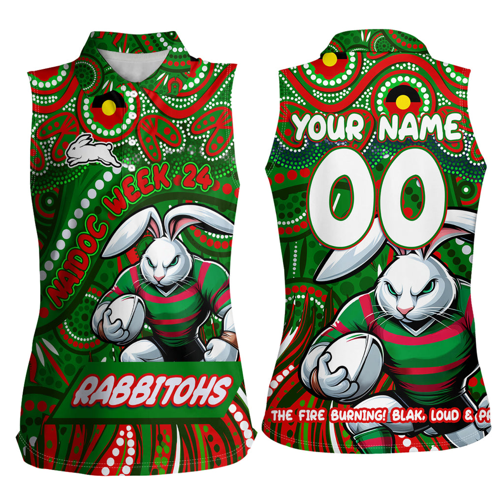 Custom Australia NAIDOC Week 2024 Women Sleeveless Polo Shirt Rabbitohs Mascot Keep The Fire Burning