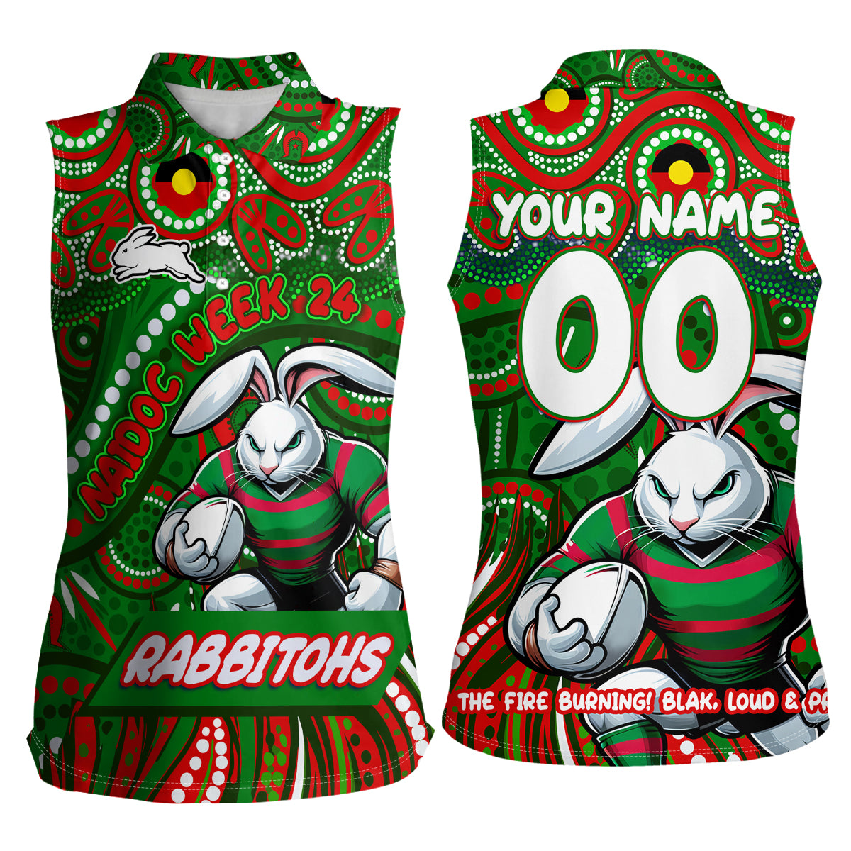Custom Australia NAIDOC Week 2024 Women Sleeveless Polo Shirt Rabbitohs Mascot Keep The Fire Burning