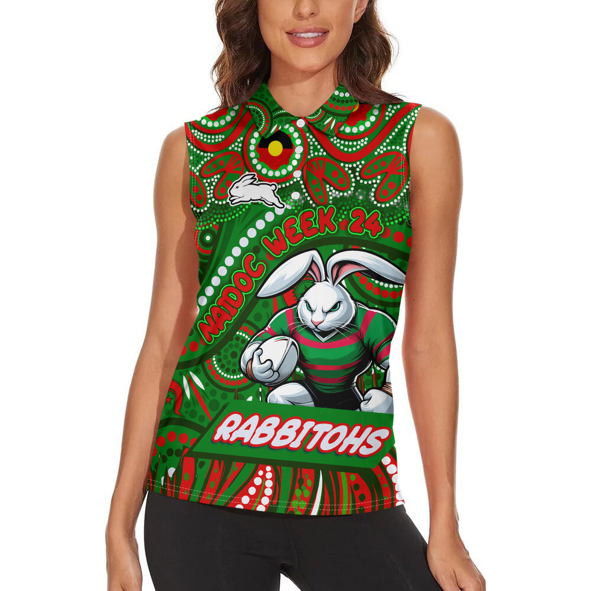 Custom Australia NAIDOC Week 2024 Women Sleeveless Polo Shirt Rabbitohs Mascot Keep The Fire Burning