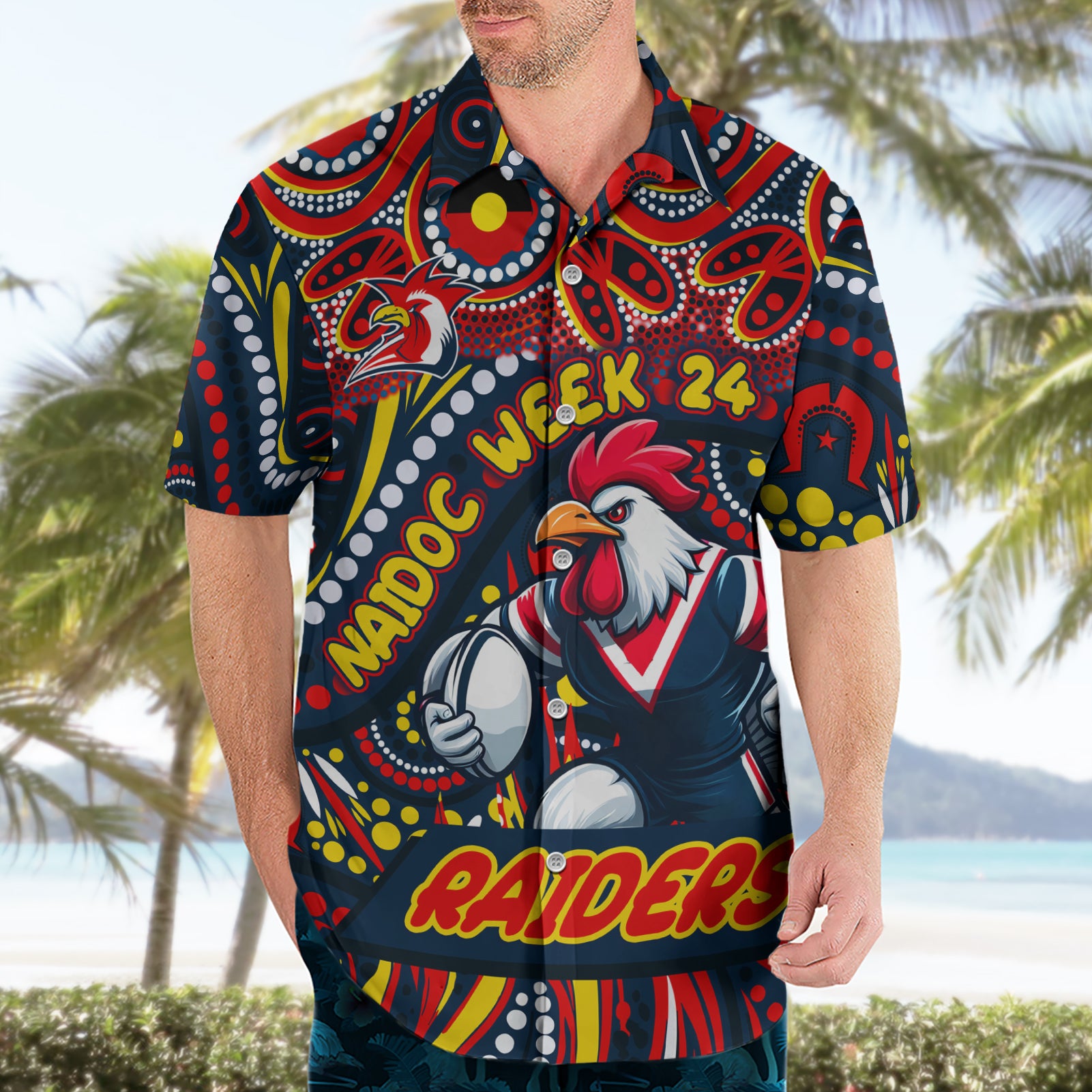 Custom Australia NAIDOC Week 2024 Hawaiian Shirt Sydney Roosters Mascot Keep The Fire Burning