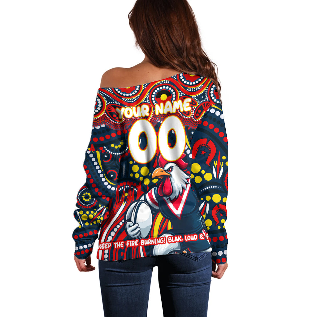 Custom Australia NAIDOC Week 2024 Off Shoulder Sweater Sydney Roosters Mascot Keep The Fire Burning