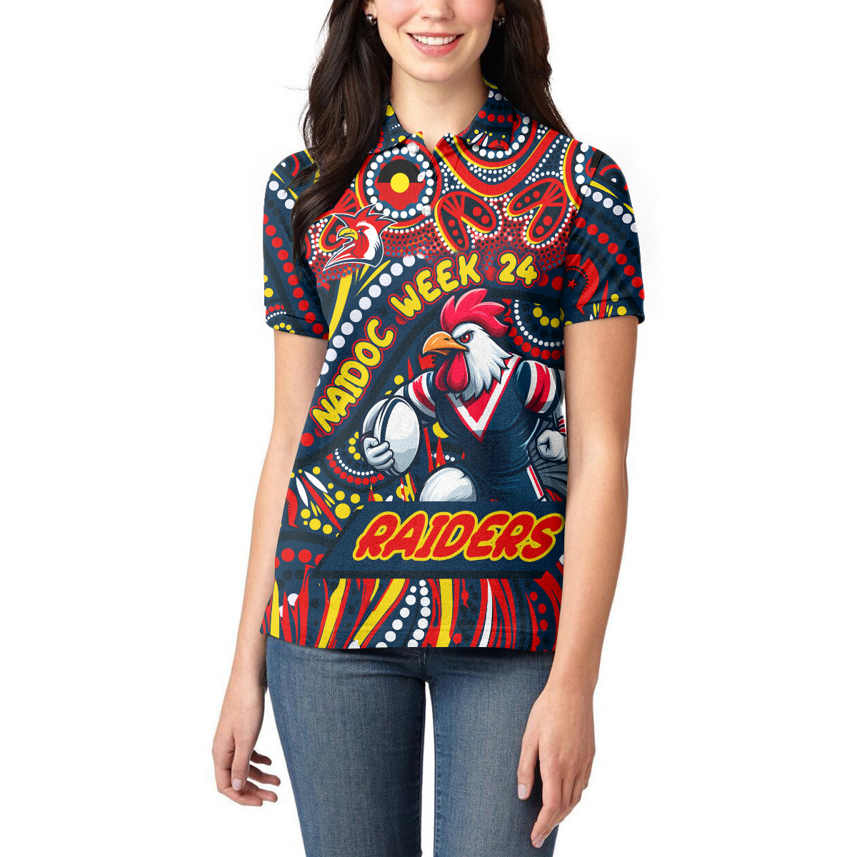 Custom Australia NAIDOC Week 2024 Women Polo Shirt Sydney Roosters Mascot Keep The Fire Burning
