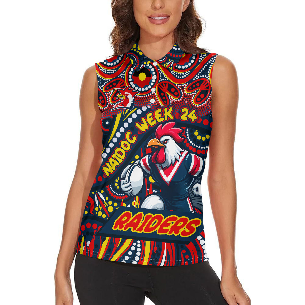 Custom Australia NAIDOC Week 2024 Women Sleeveless Polo Shirt Sydney Roosters Mascot Keep The Fire Burning