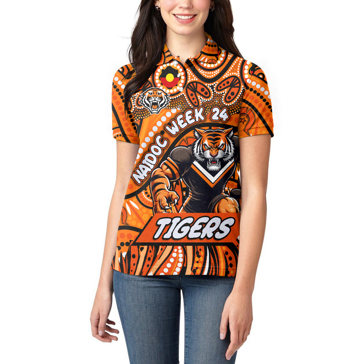 Custom Australia NAIDOC Week 2024 Women Polo Shirt Wests Tigers Mascot Keep The Fire Burning