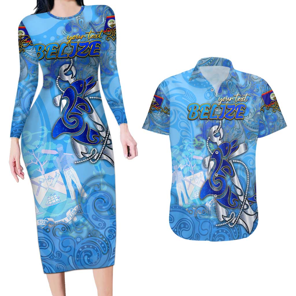 Ocean Spirit of Belize Couples Matching Long Sleeve Bodycon Dress and Hawaiian Shirt Anchored in Belizean Pride - Aussie Hoodie